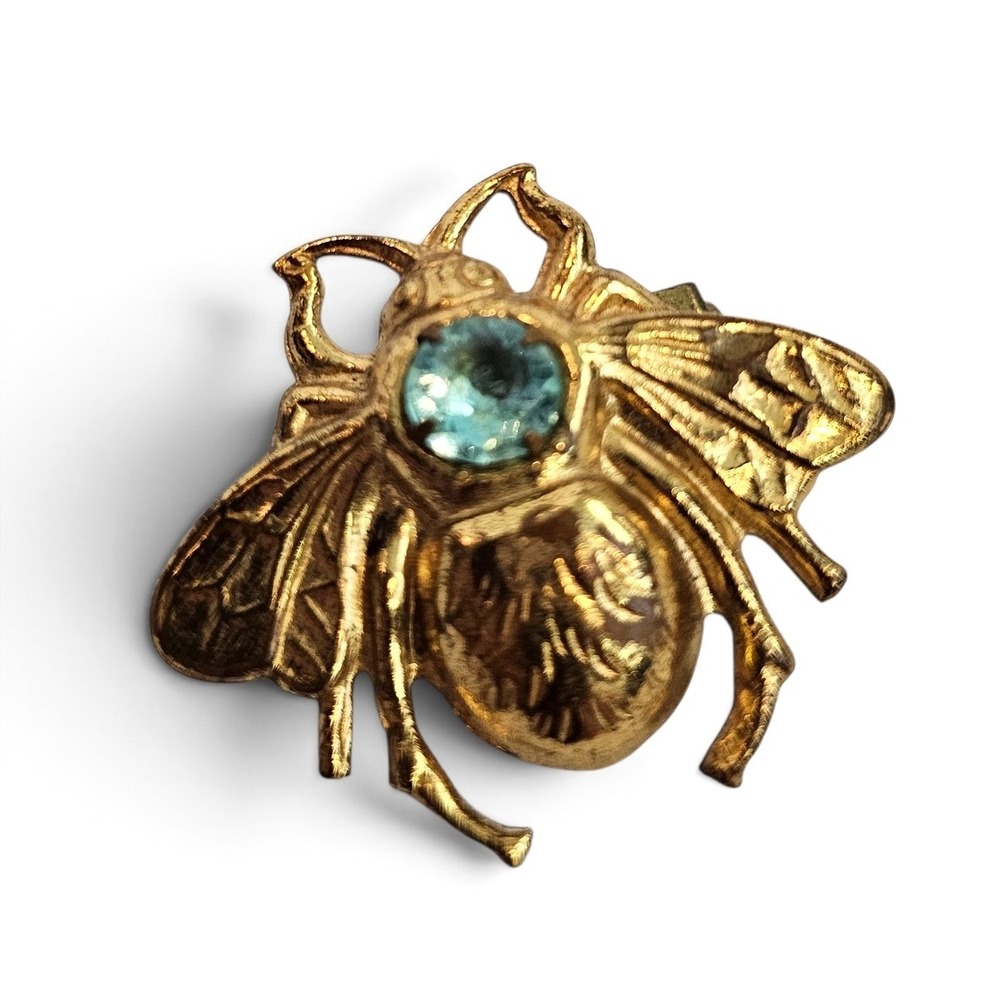 Vintage Midcentury Gold Tone Bumble Bee Brooch Blue Rhinestone Insect Pin Small